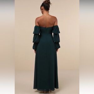 Lulu's Forest Green Off-Shoulder Maxi Dress with Puff Sleeves